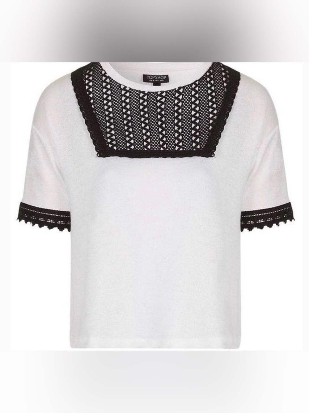 Topshop White twee short sleeve top with Black Crochet Yoke